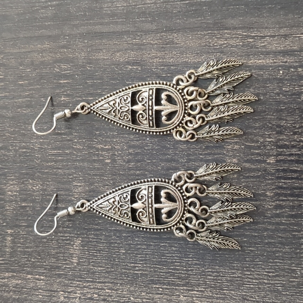 Silvertone Feather Teardrop Aztec Dangle Earrings
